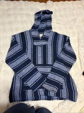 Striped Navy and Light Blue Hooded Turtleneck Sweater